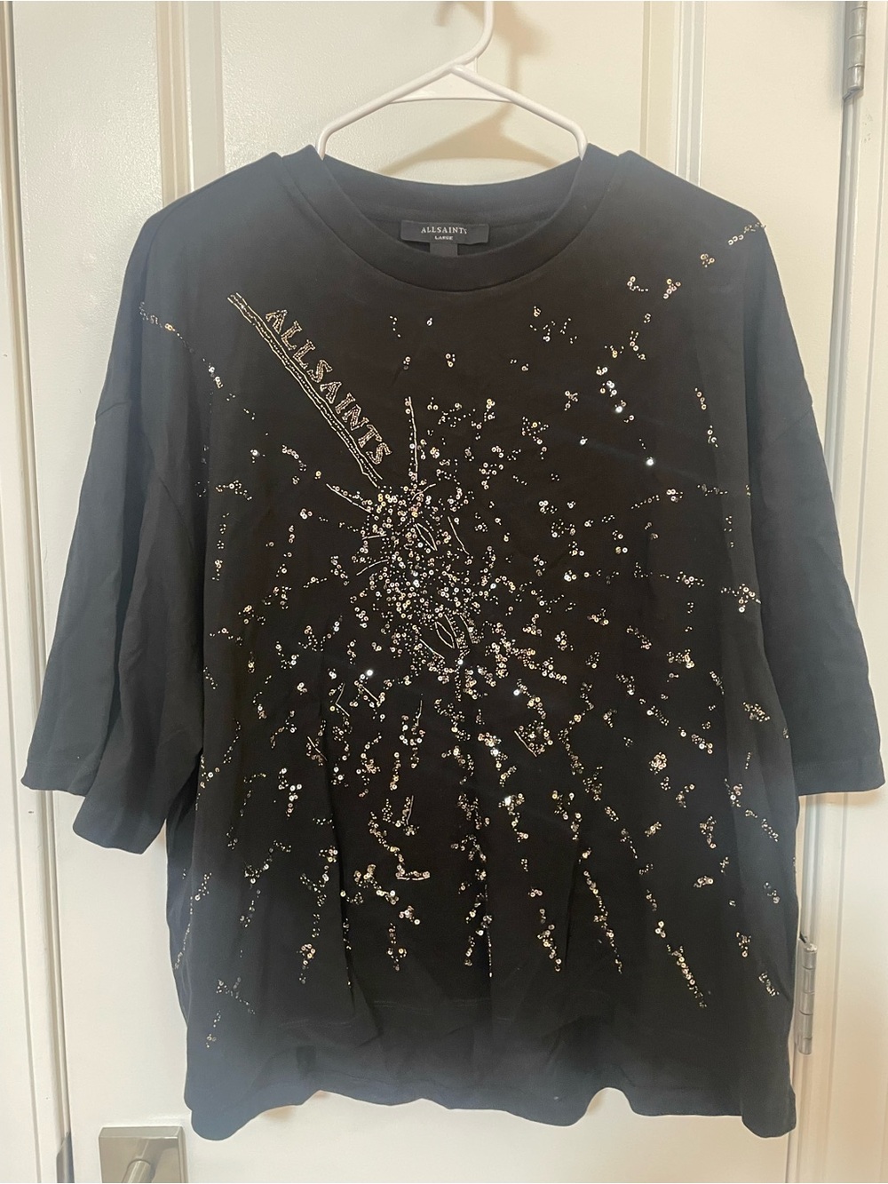 AllSaints Amelie Shatter Tee Black Sequin Starburst Tee New Year’s Eve Tshirt